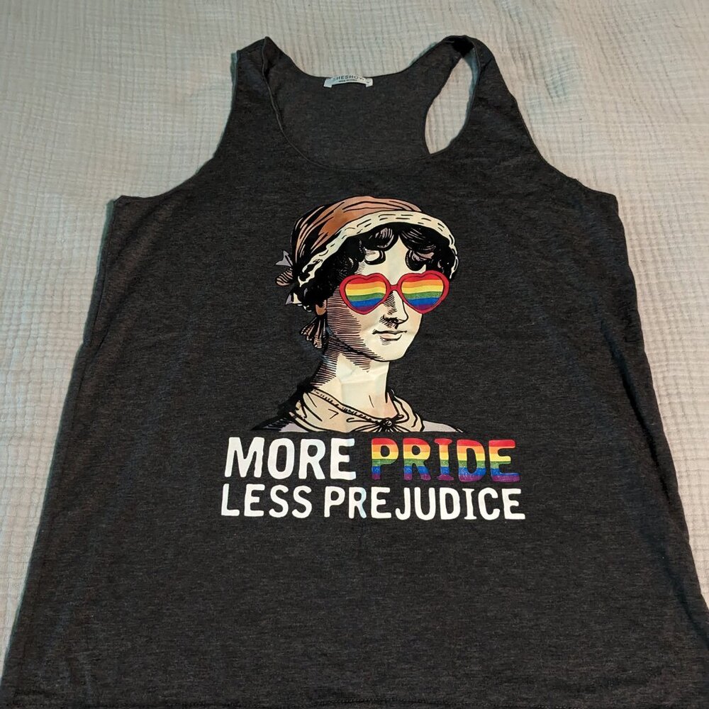 Gray tank top - more pride less prejudice, size medium